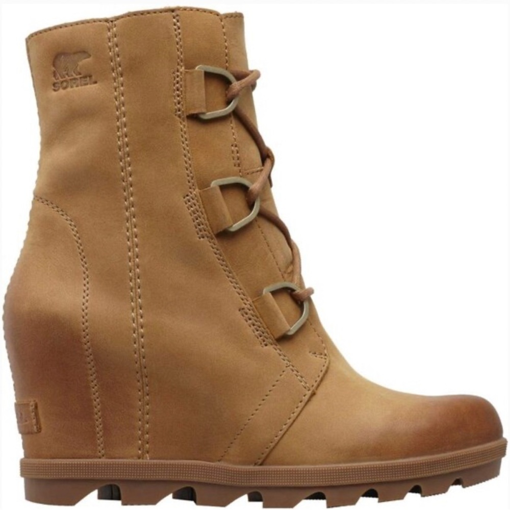Sorel women’s joan of arctic wedge mid boot leather lace up tan shoes